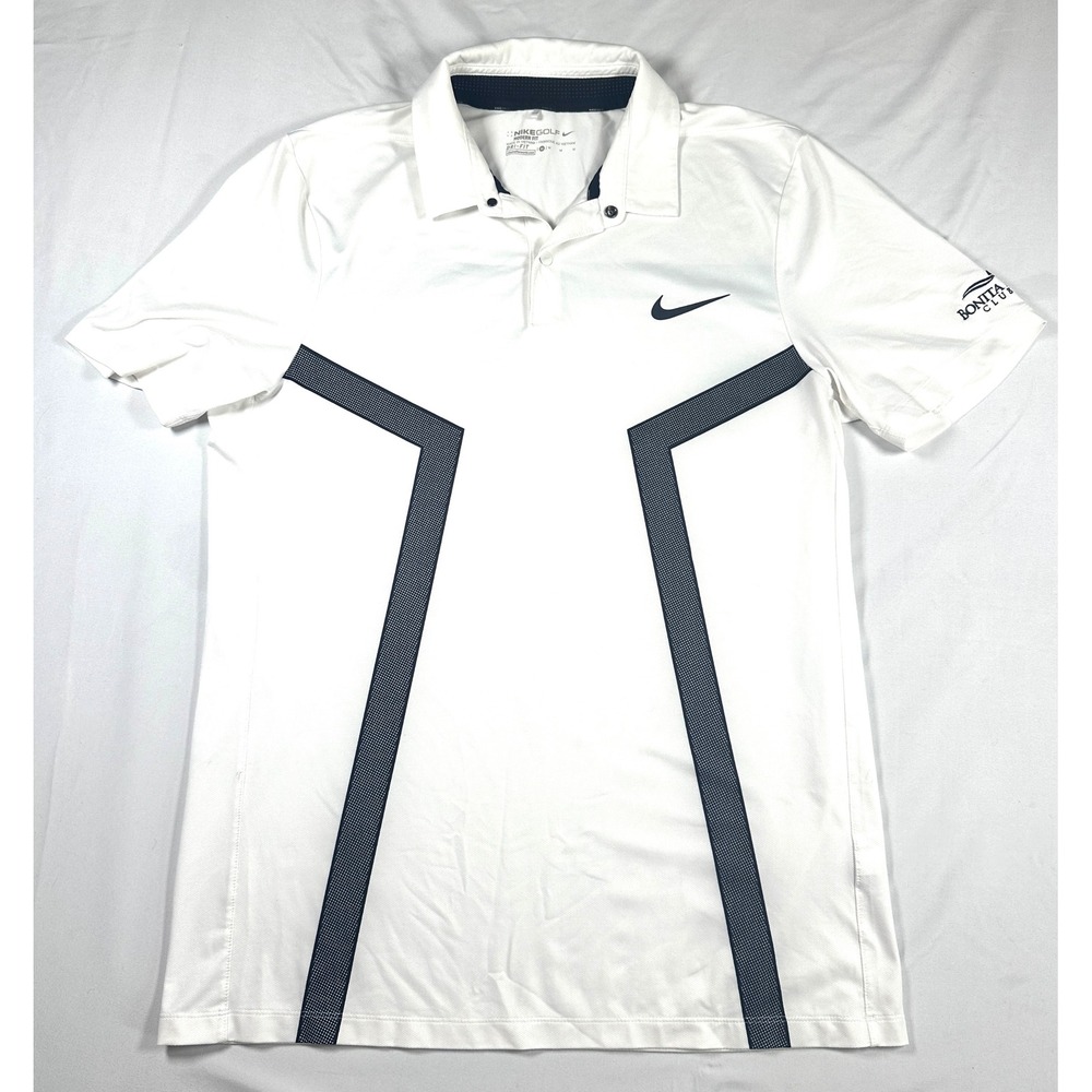 Nike Golf Modern Fit Dri-FIT Polo Shirt Mens Medium White Navy Blue Geometric